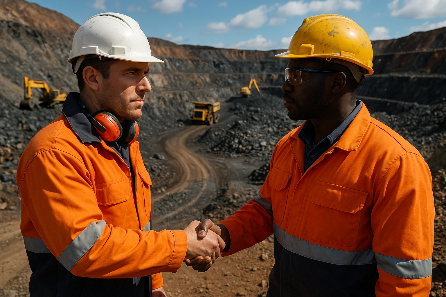 Dois mineradores apertam as mãos em frente a uma mina de céu aberto, simbolizando acordo internacional sobre minerais críticos.