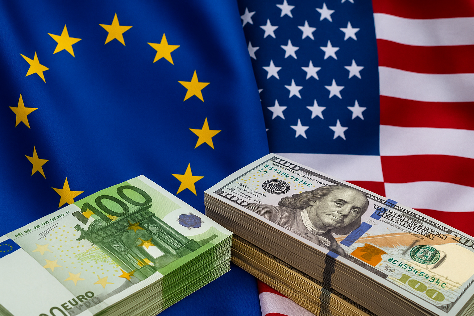 Bandeiras da União Europeia e Estados Unidos com pilhas de euros e dólares simbolizando disputa comercial bilionária