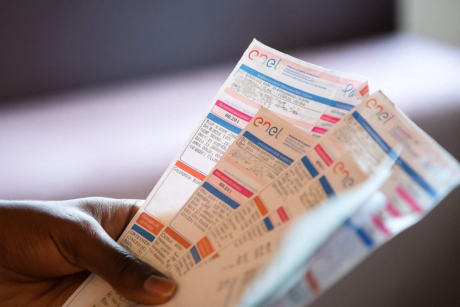 Mão feminina negra segurando contas de energia da Enel em ambiente interno