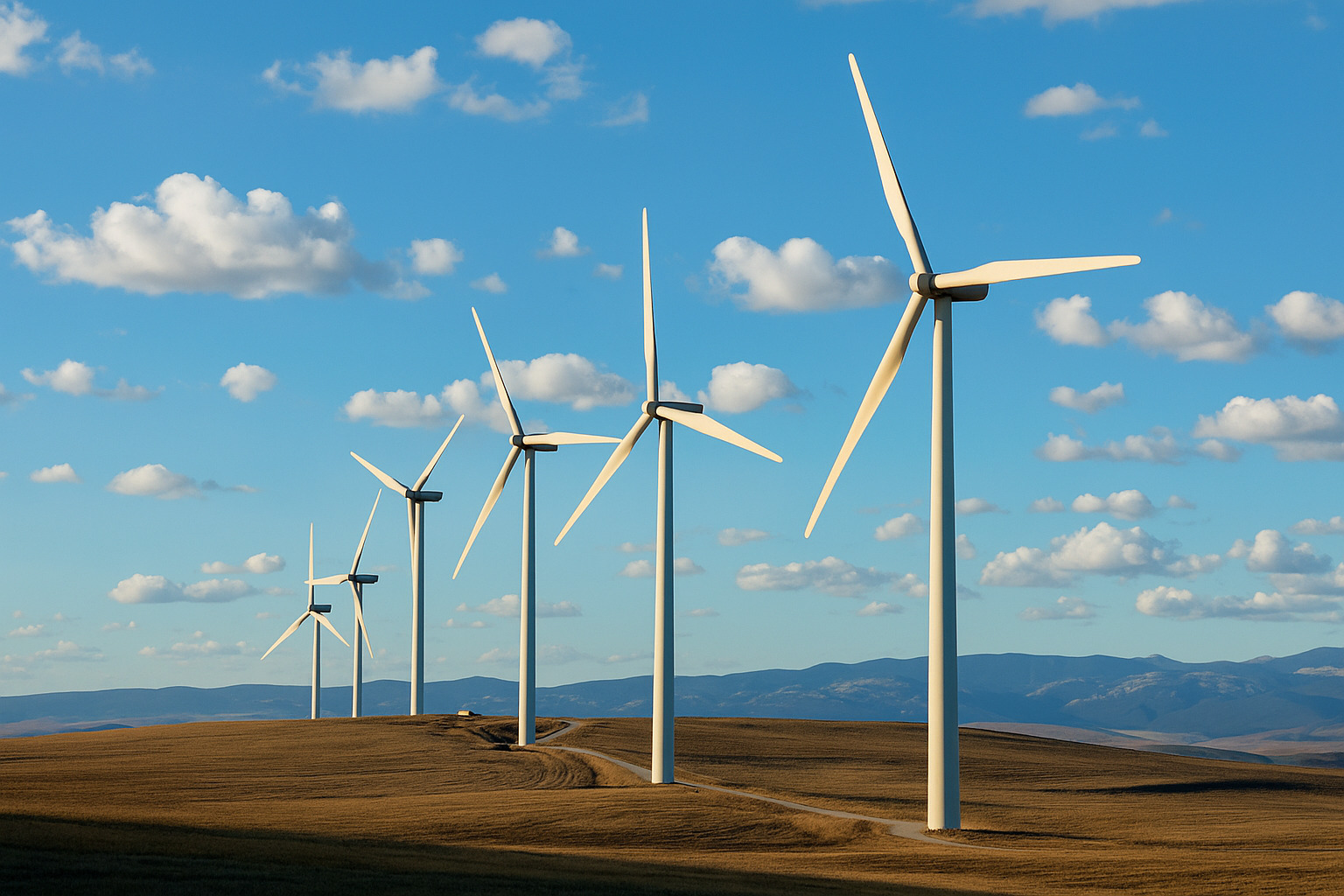Vista aérea de parque eólico com turbinas gerando energia em campo verde sob céu limpo