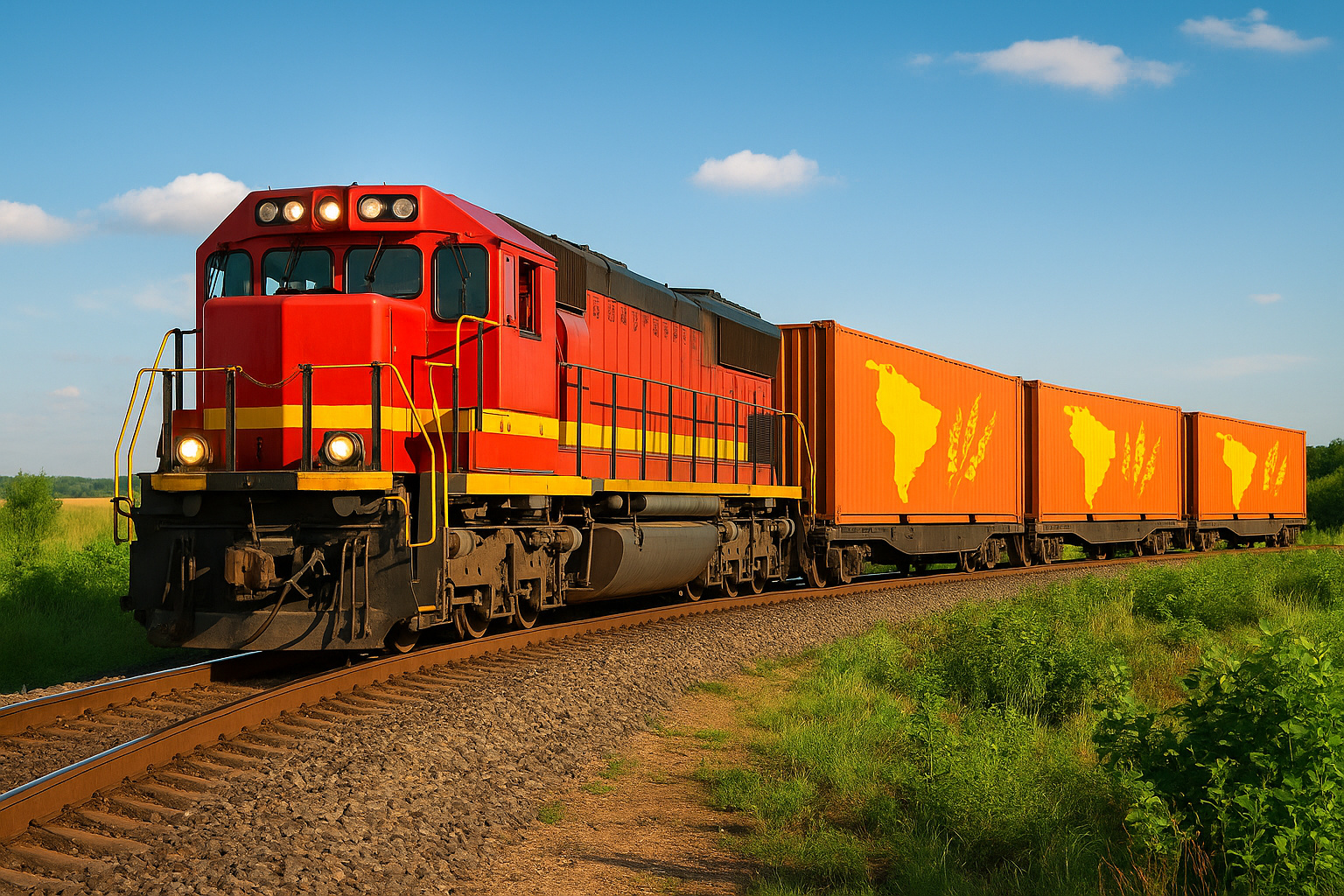 Locomotiva vermelha transporta contêineres agrícolas na ferrovia Brasil-Peru, simbolizando exportações de Rondônia para Ásia com redução de custos logísticos.
