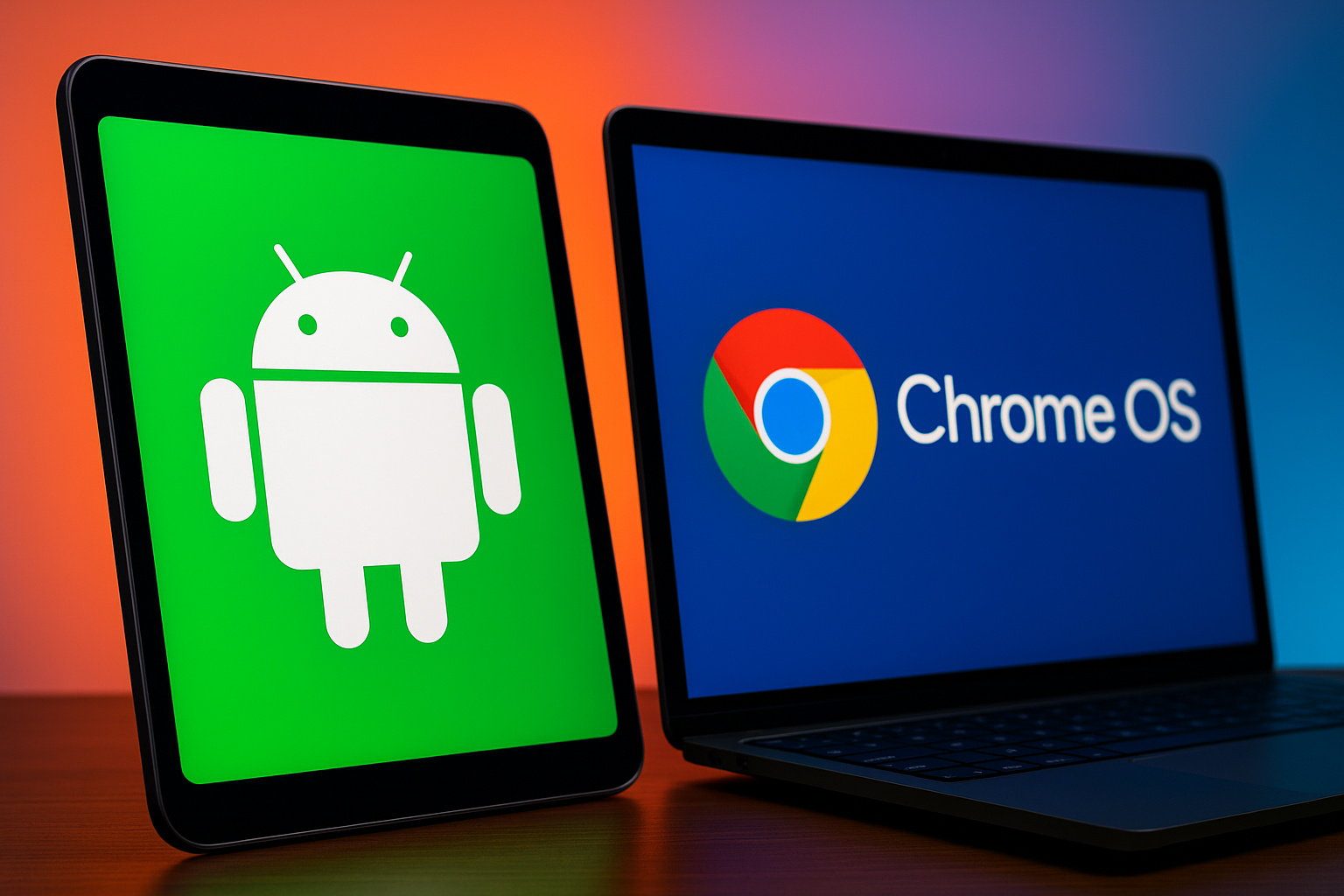 Laptop e tablet exibindo logotipos do Android e ChromeOS simbolizando fusão de sistemas Google em 2025