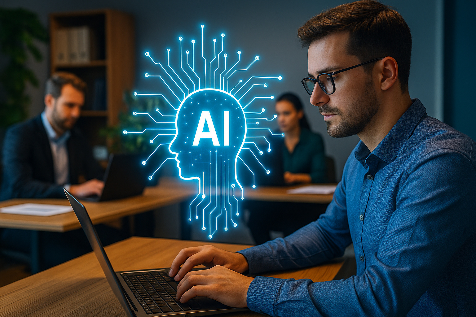Profissional usando inteligência artificial em escritório híbrido para treinamento corporativo em 2025.