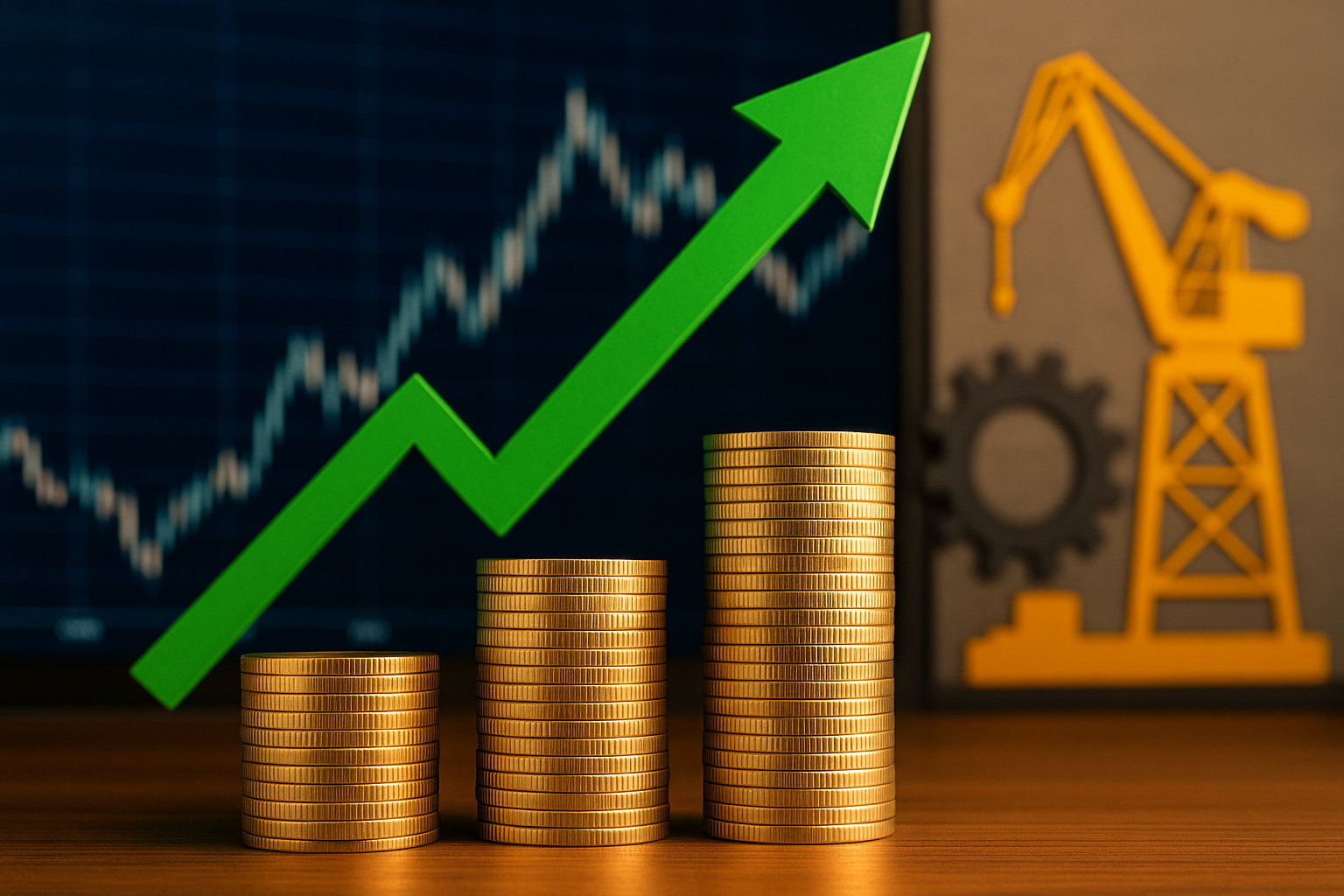 Gráfico de crescimento com moedas e guindaste representando avanço da indústria