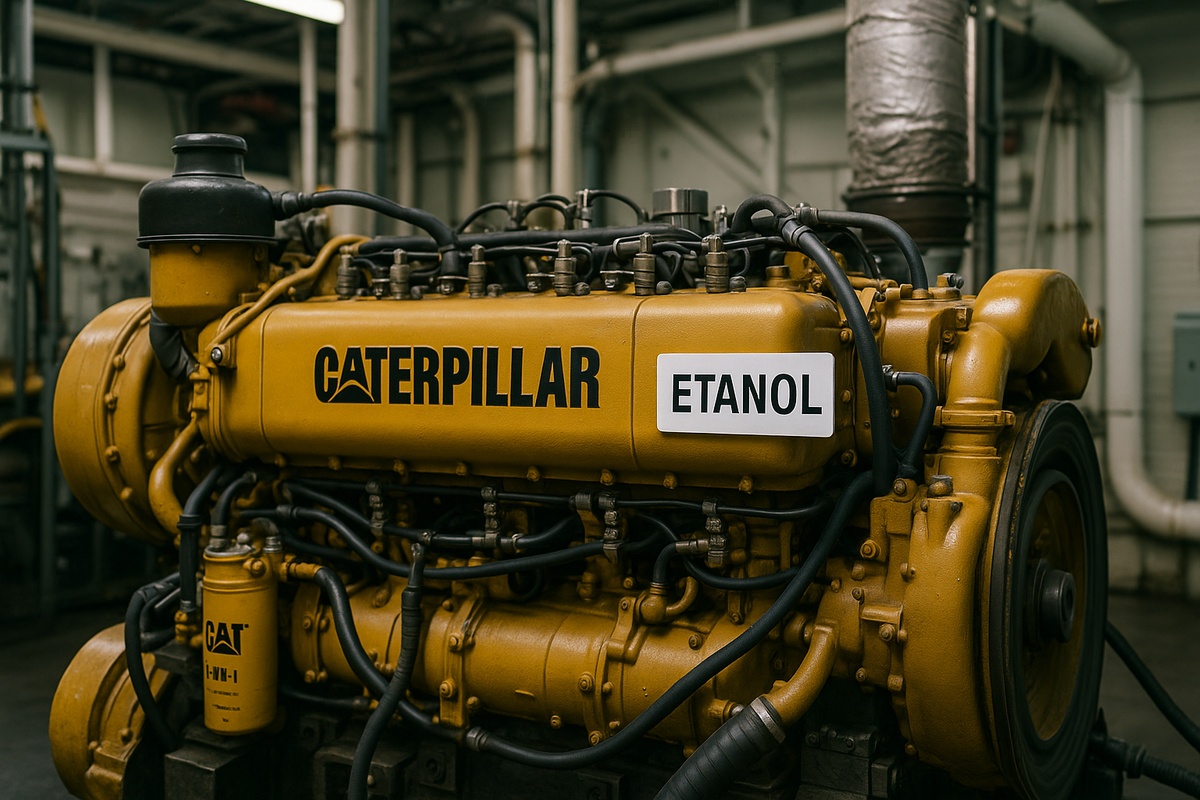 Motor Caterpillar amarelo convertido para etanol a bordo de embarcação industrial brasileira
