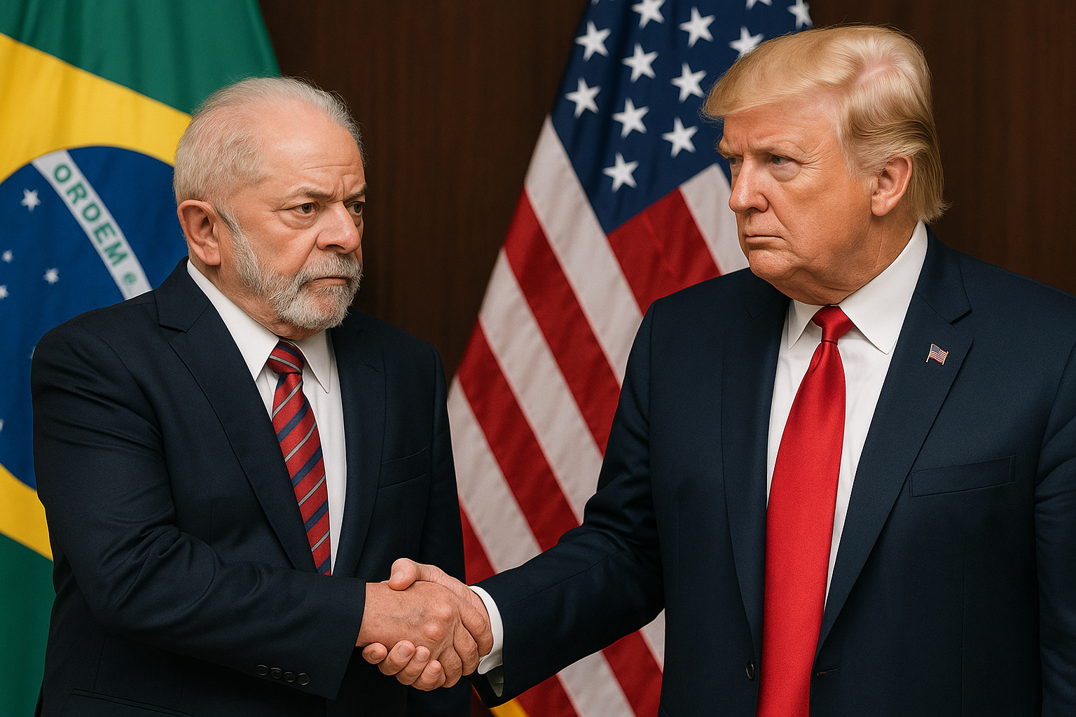 Lula e Trump apertam as mãos em meio a bandeiras do Brasil e EUA, simbolizando acordo bilateral e tensão comercial