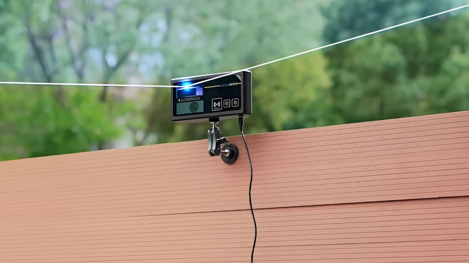 Aparelho Photon Matrix instalado em cerca externa disparando laser azul em ambiente ao ar livre com fundo de árvores