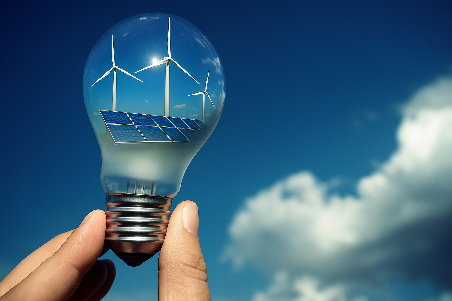 Mão segurando lâmpada com turbinas eólicas e painéis solares em seu interior.