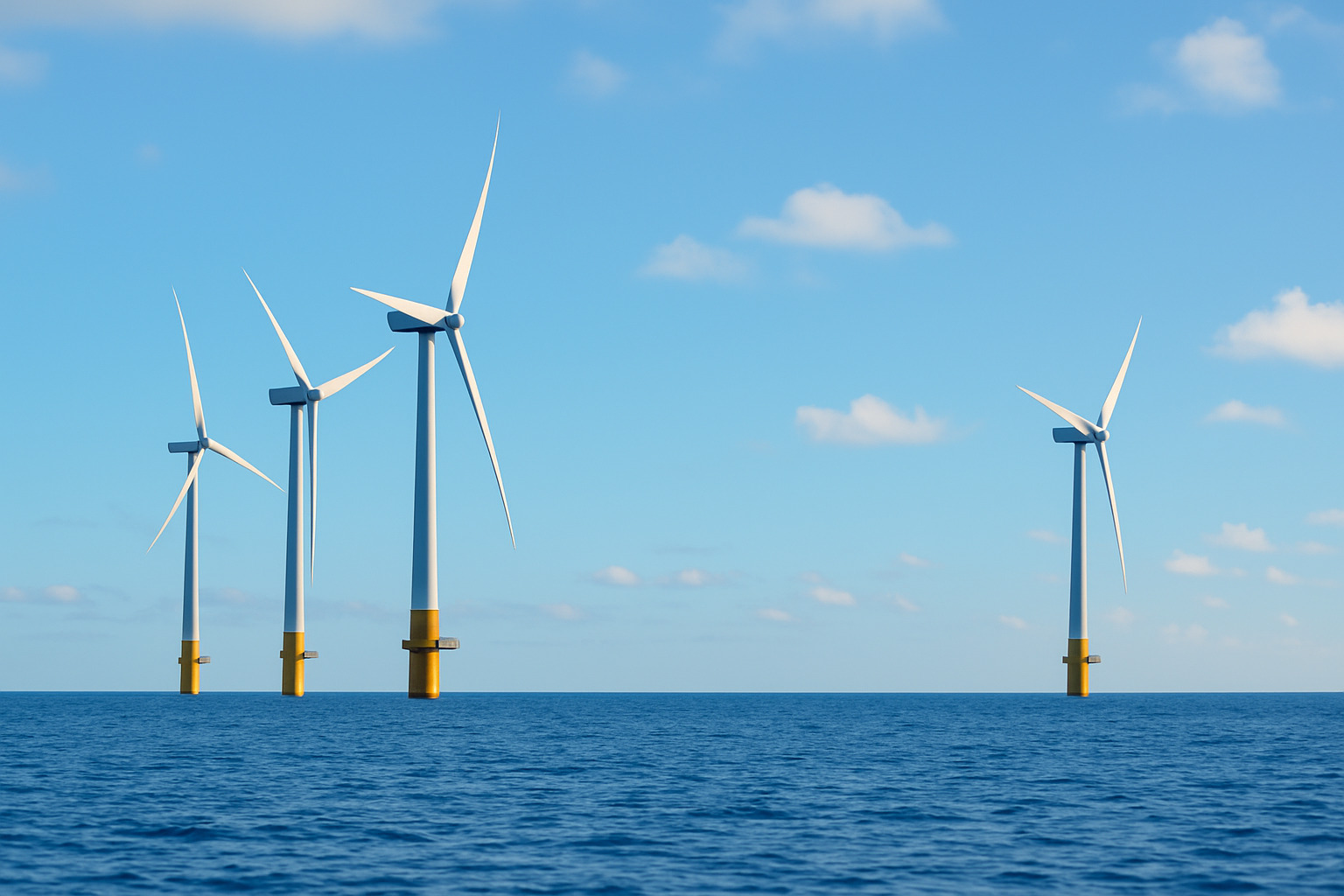 Turbinas eólicas offshore sob céu azul com nuvens
