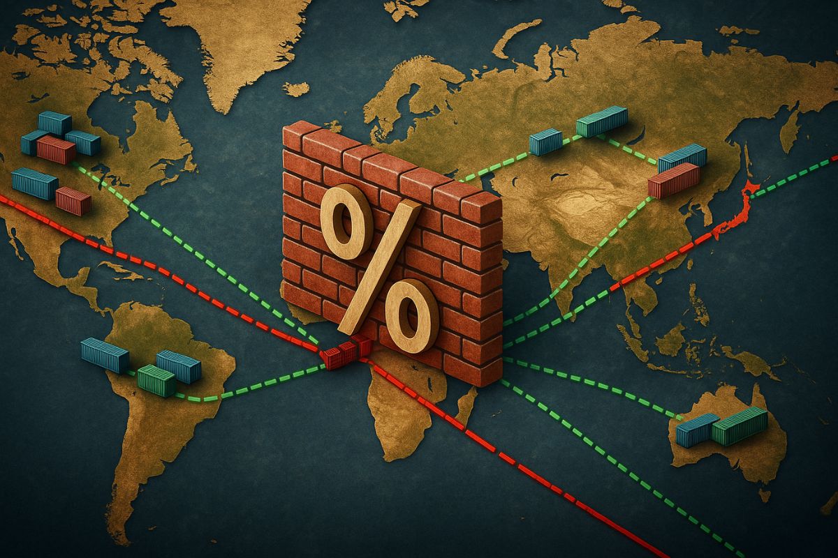Ilustração do impacto das tarifas na indústria global, mostrando a reorganização da cadeia de suprimentos e da logística internacional.