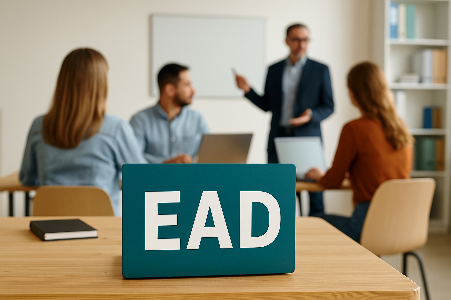 Ambiente de estudo em polo EAD com alunos e professor durante atividade presencial