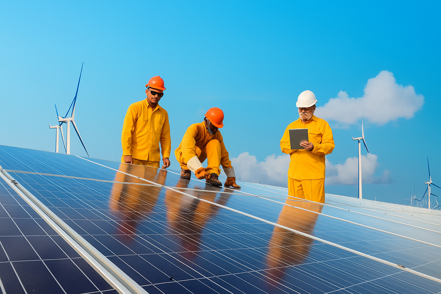 Três trabalhadores com capacete fazem manutenção em painéis solares com turbinas eólicas ao fundo sob céu azul.
