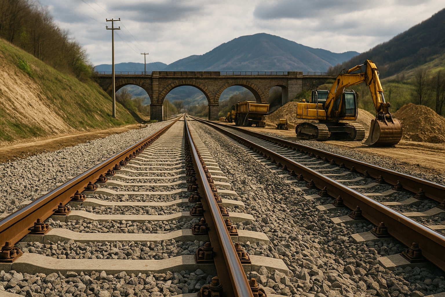 Construção de ferrovia com trilhos duplos, escavadeira e ponte de pedra ao fundo em cenário montanhoso.