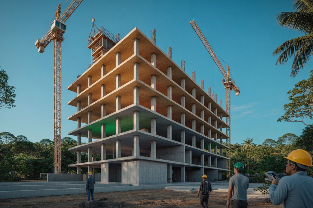 O concreto híbrido de madeira que reduz CO₂, custa menos e já é testado em prédios modulares