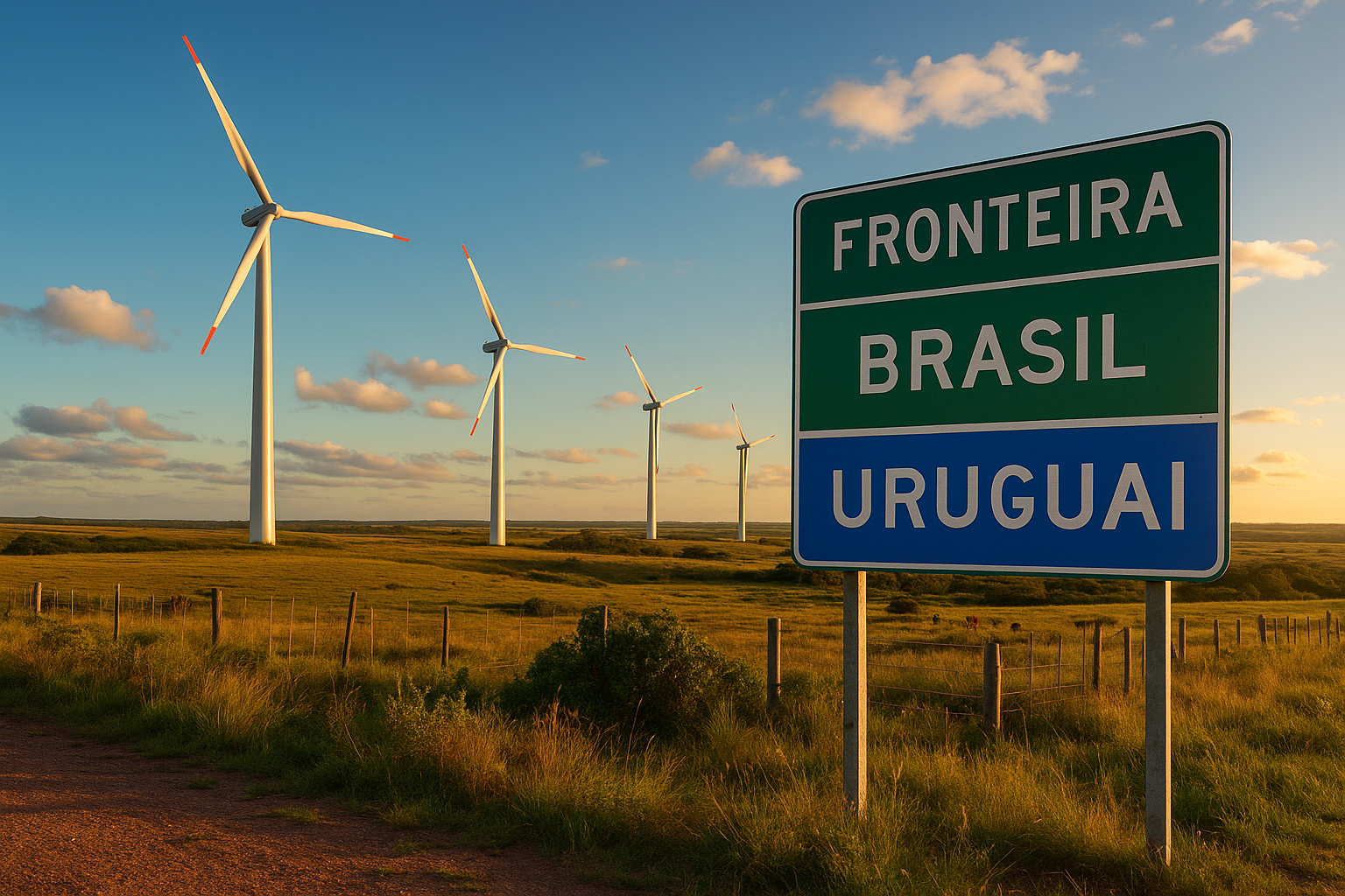 Turbinas eólicas na fronteira Brasil-Uruguai com marco territorial em destaque