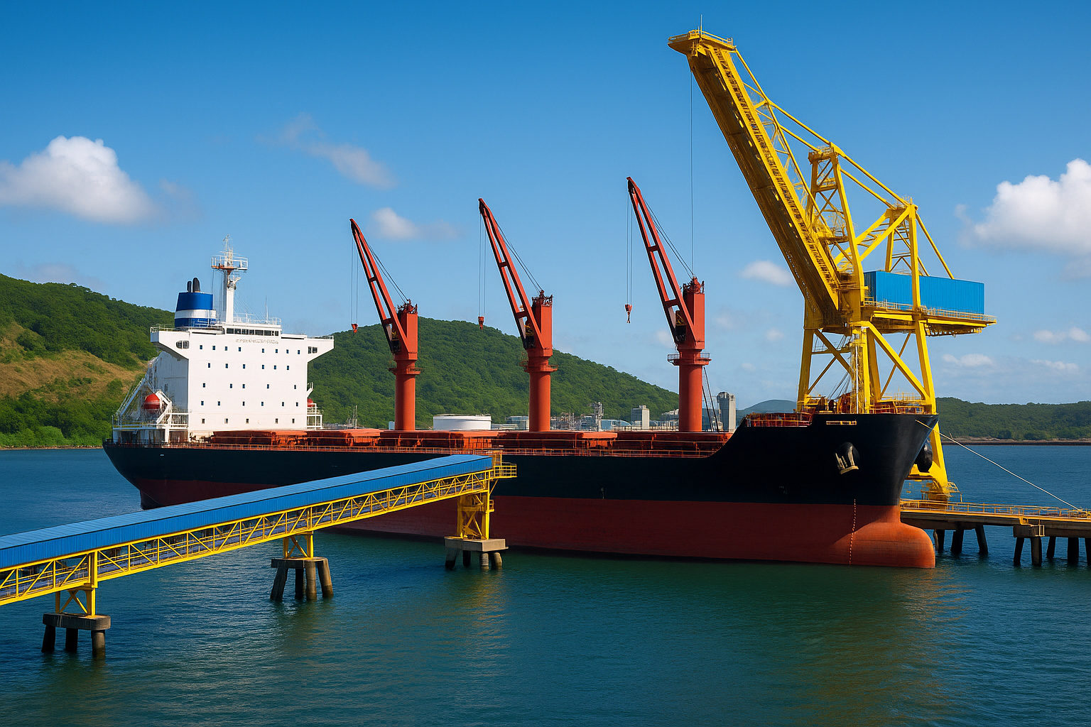 Navio cargueiro em porto privado de Santa Catarina com guindastes carregando granéis e correias transportadoras na Baía da Babitonga