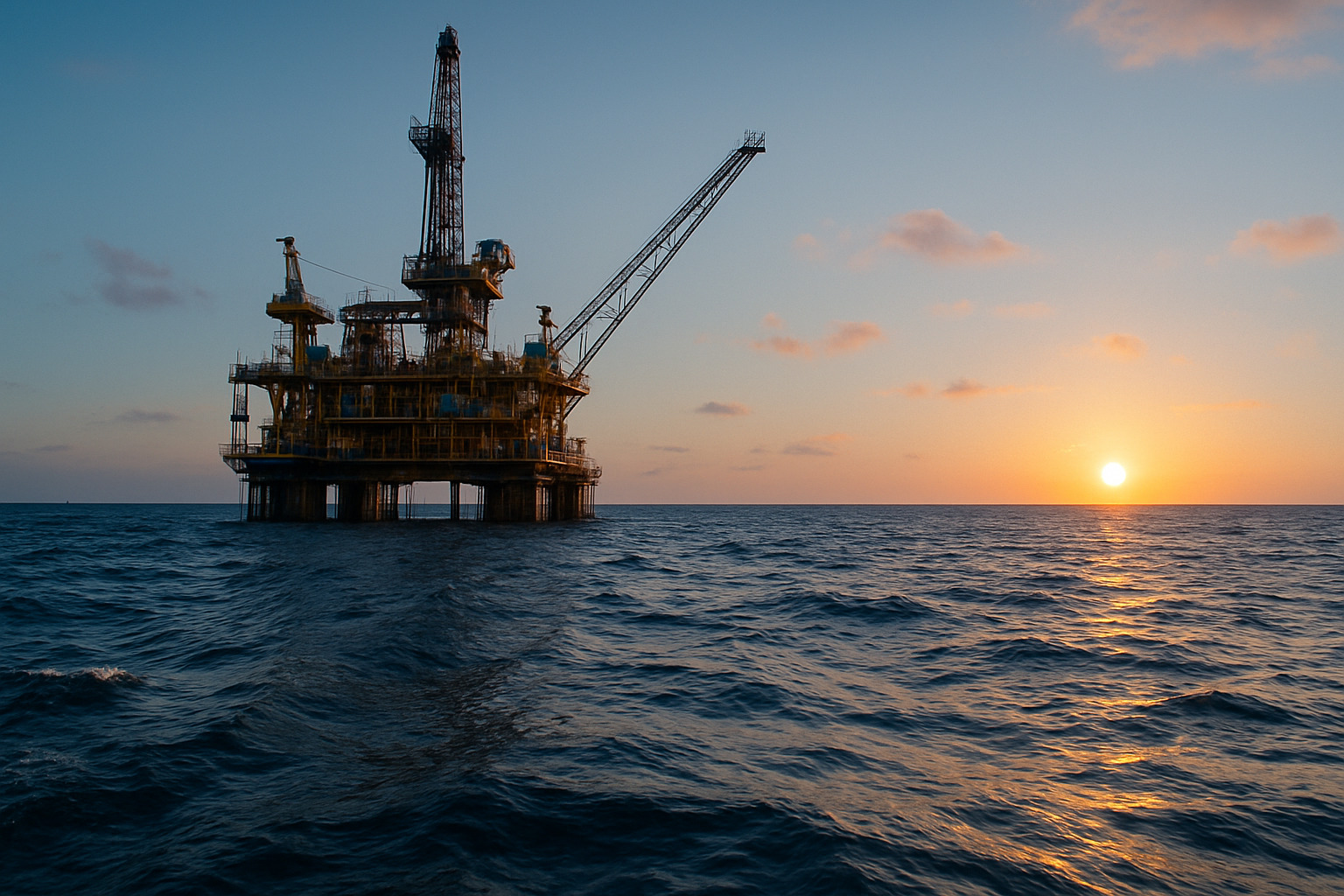 Plataforma de petróleo offshore no amanhecer com o sol nascendo sobre o mar calmo.