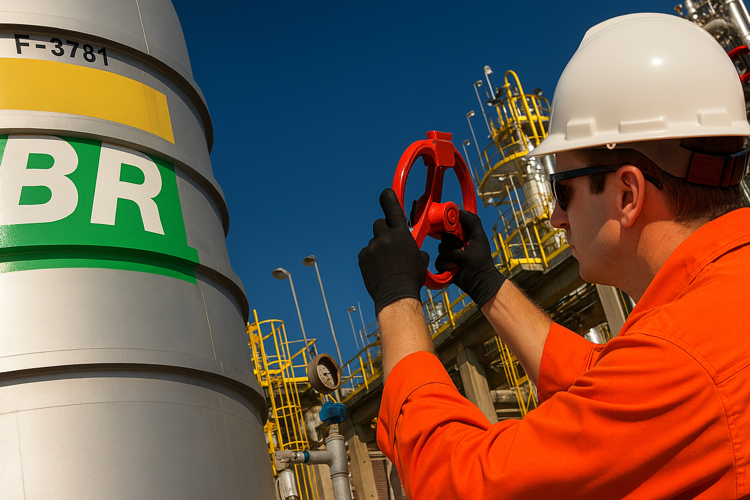 Trabalhador branco com capacete observa estrutura industrial em planta da Petrobras.