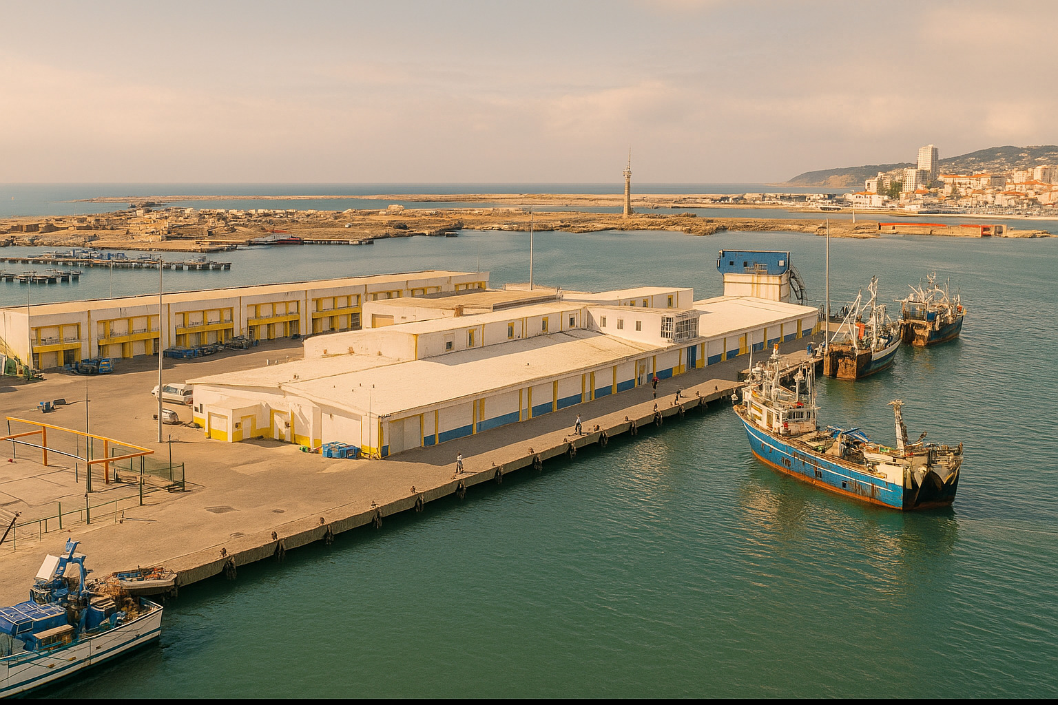 Vista aérea de um porto comercial com navios atracados ao longo do cais durante a tarde