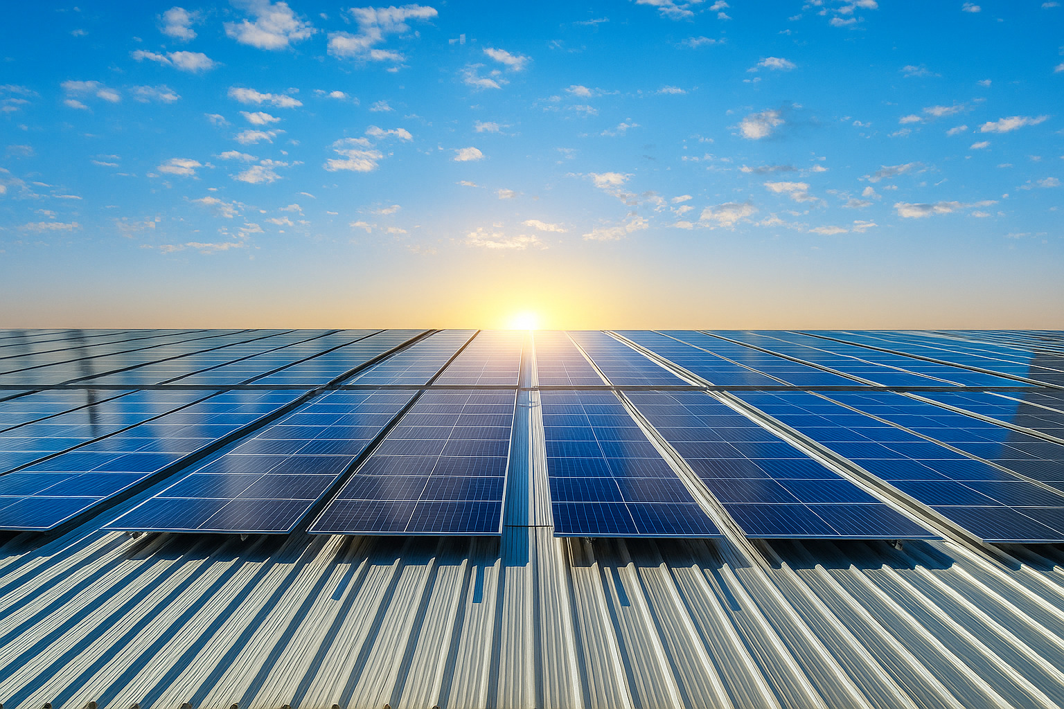 Painéis solares instalados em telhado metálico refletindo a luz do sol ao amanhecer com céu limpo e poucas nuvens.