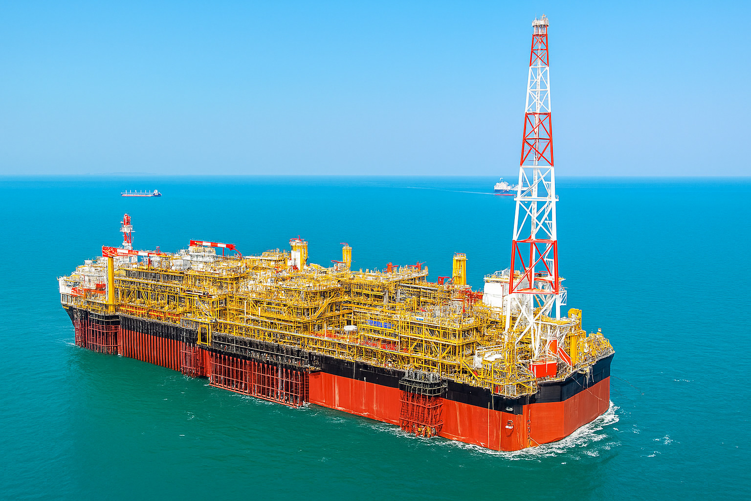 Navio plataforma FPSO navegando em mar calmo sob céu ensolarado ao meio-dia.