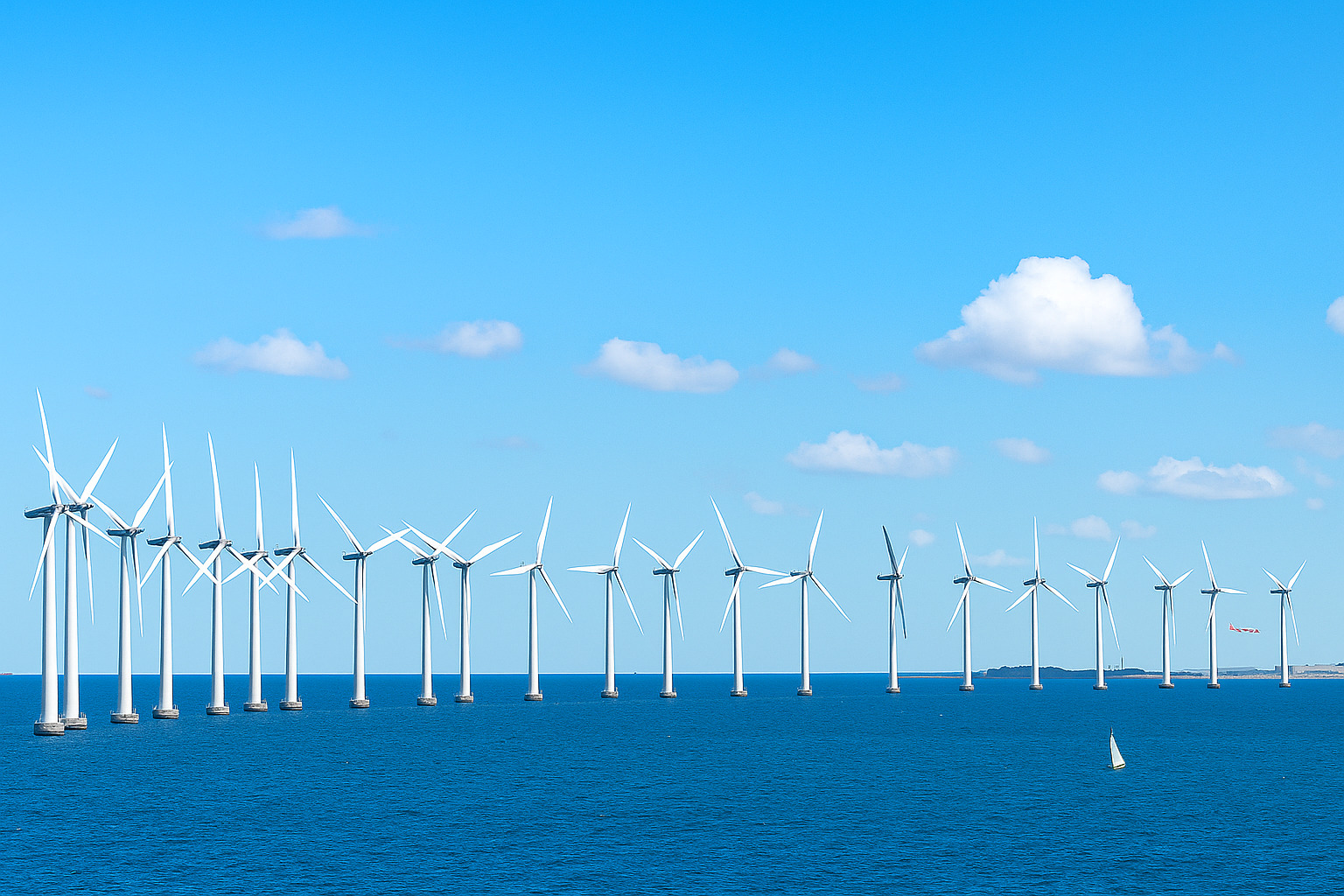Parque eólico offshore com turbinas alinhadas sobre o mar e céu azul com poucas nuvens.