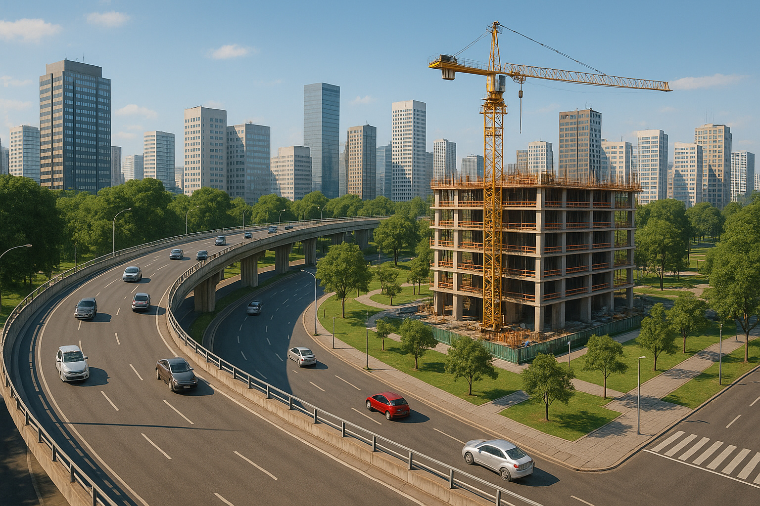Construção de edifício ao lado de via elevada em uma cidade moderna com tráfego urbano e áreas verdes.