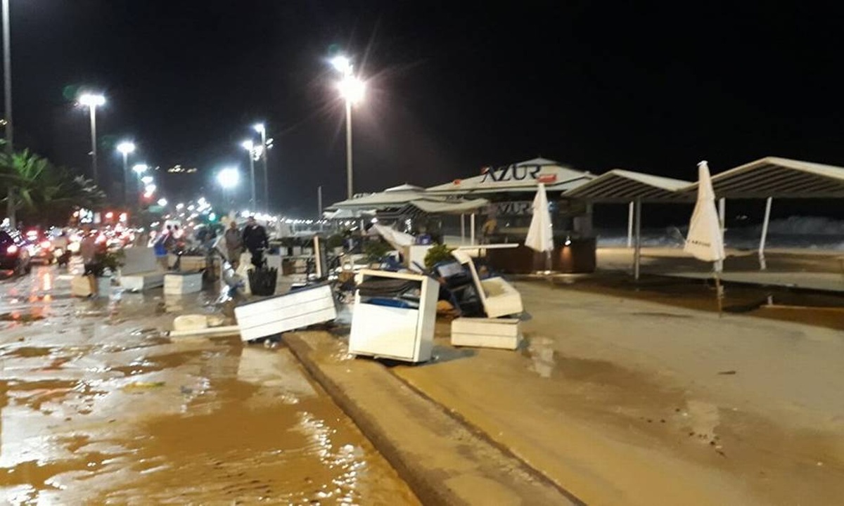 Estragos causados por ressaca na orla da praia do Rio de Janeiro à noite
