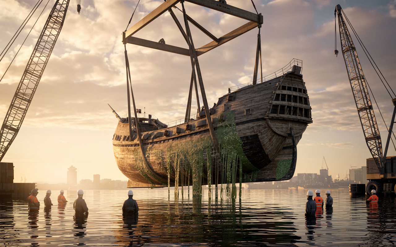 Tráfego marítimo foi interrompido e rios subterrâneos desativados por quase 4 anos enquanto navio de guerra Vasa, de 1628, era içado a partir de 32 metros e transportado até museu em Estocolmo