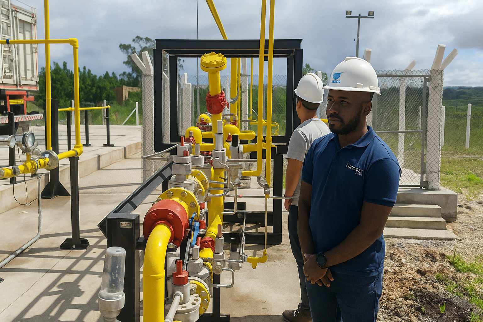 Dois trabalhadores inspecionam o funcionamento de equipamentos industriais.