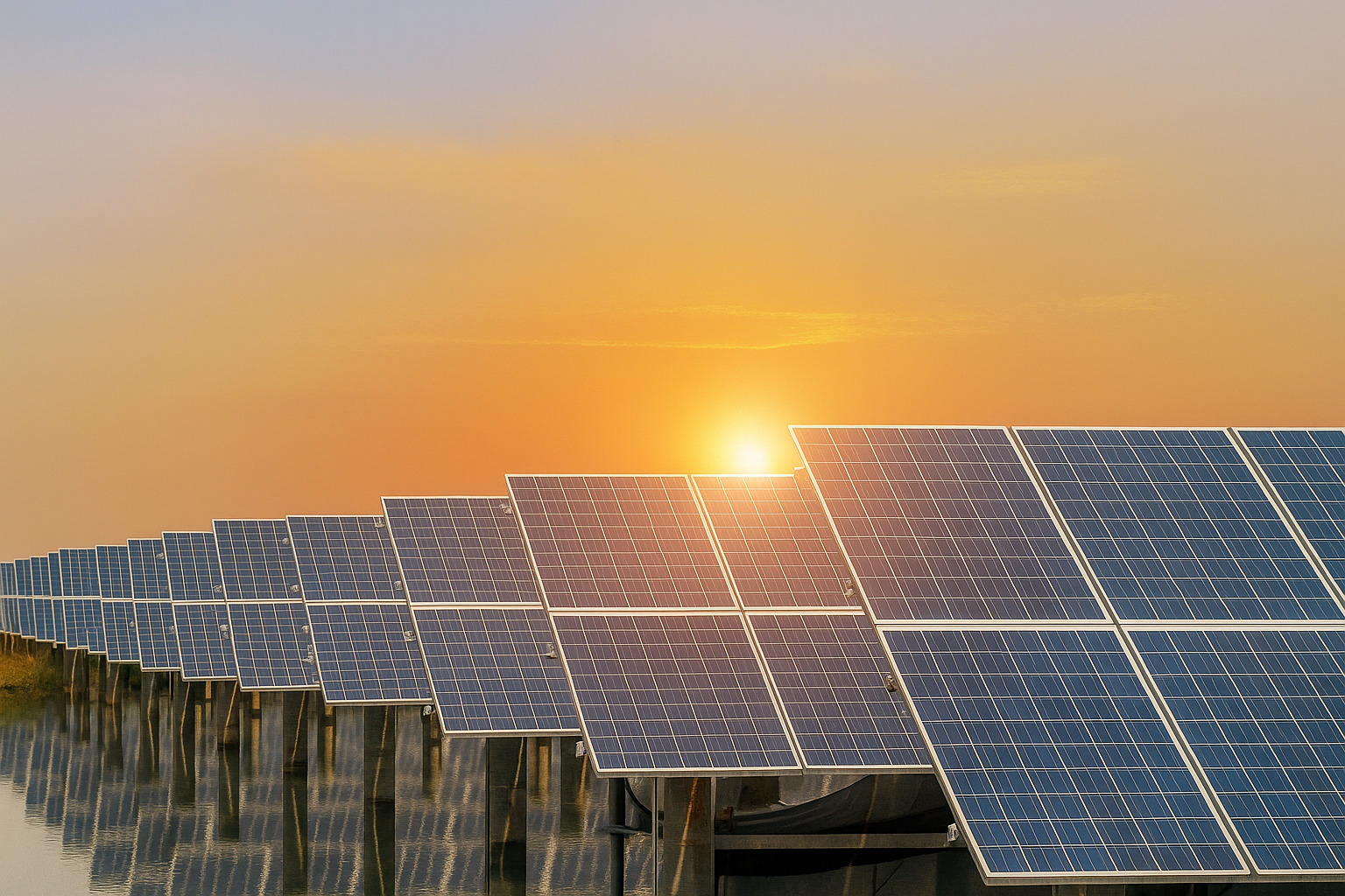 Painéis solares refletindo a luz do sol ao entardecer com céu parcialmente limpo