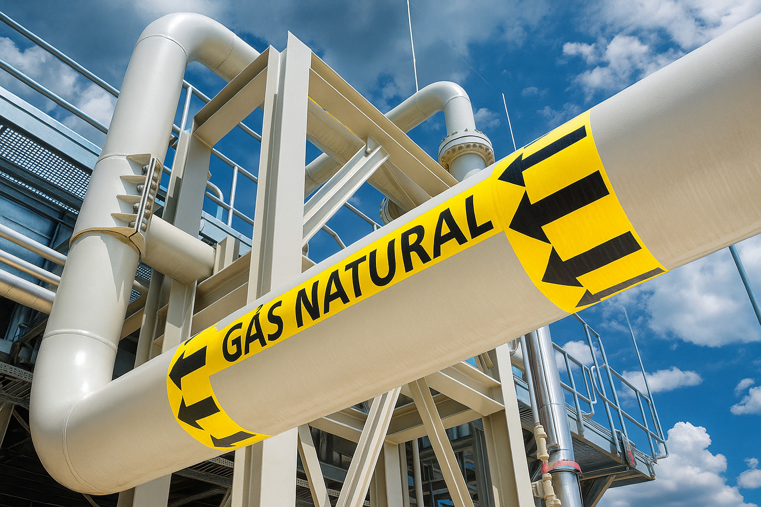 Tubulação industrial com o rótulo "GÁS NATURAL" em destaque sob céu azul com nuvens.