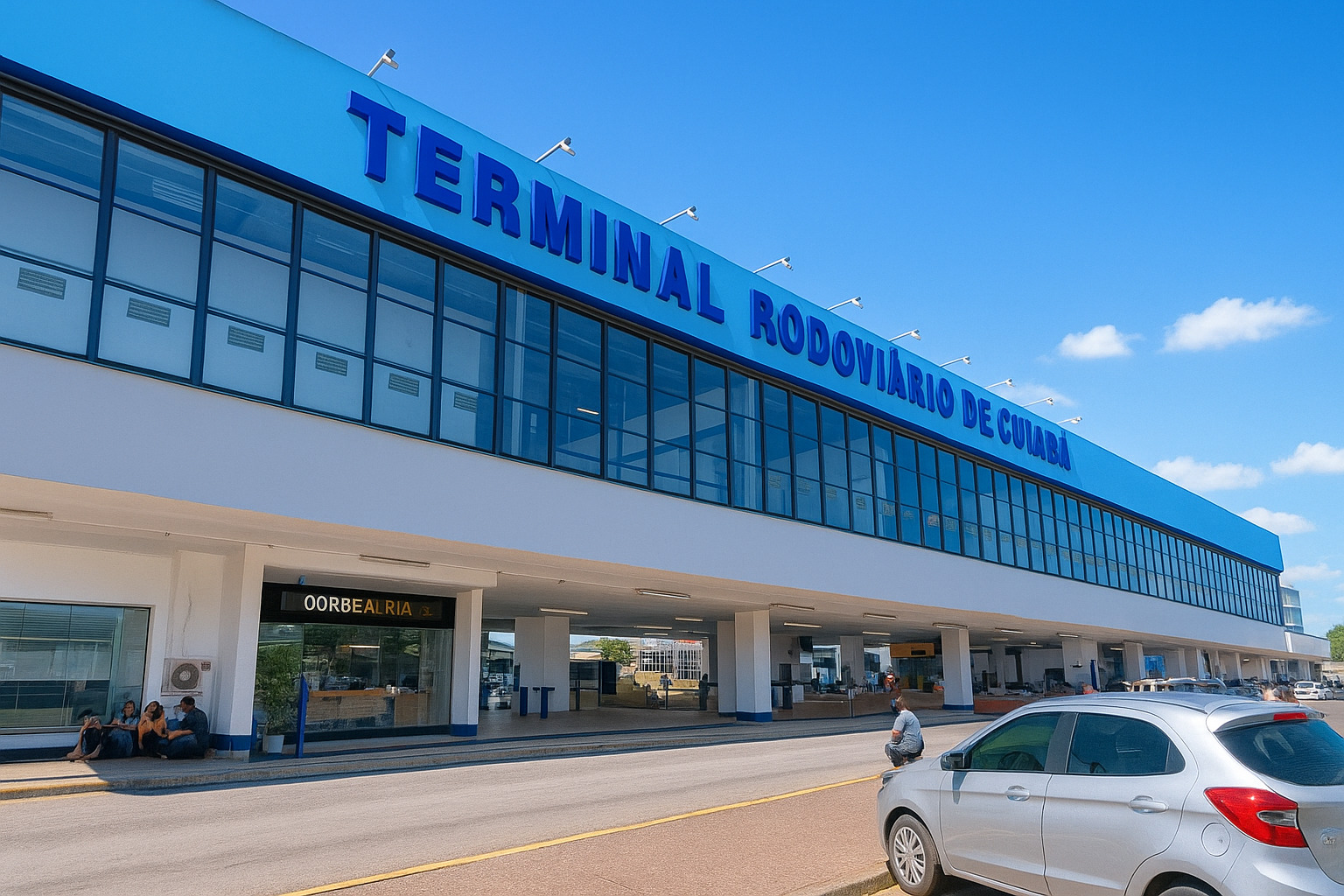 Fachada do terminal rodoviário urbano de Cuiabá iluminada ao meio-dia, com dois carros estacionados em frente