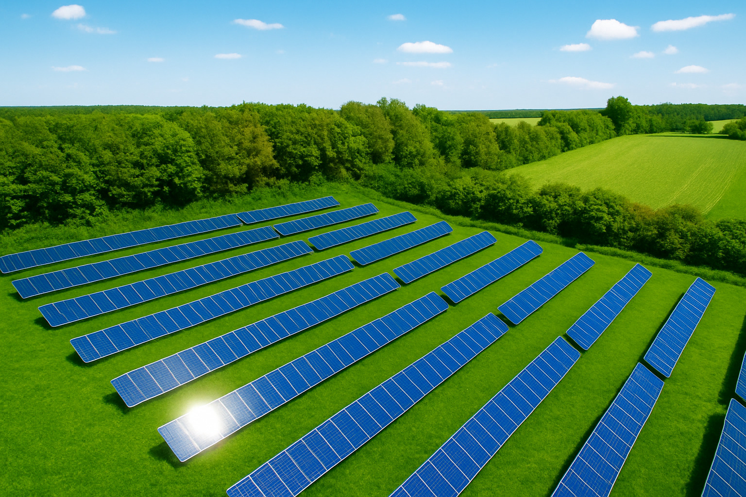 Vista aérea de uma fazenda solar com fileiras de painéis solares em meio a vegetação verdejante e campos completamente cobertos por vegetação.