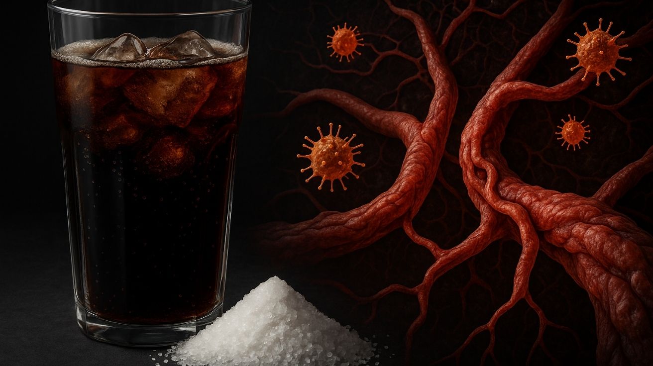 Copo de refrigerante diet com cristais de eritritol e vasos cerebrais contraídos, simbolizando os riscos do adoçante para o cérebro e risco de AVC.