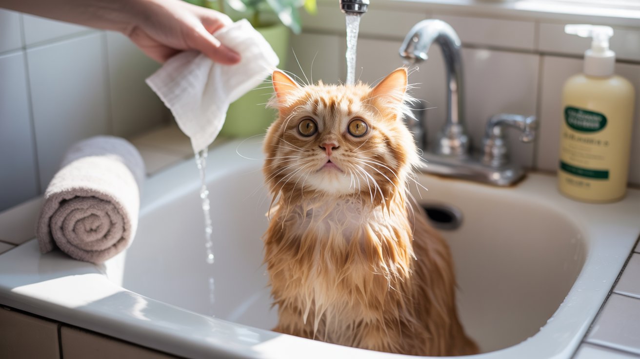 Gato com expressão assustada sendo banhado cuidadosamente, ilustrando a complexidade e os cuidados necessários no manejo de felinos