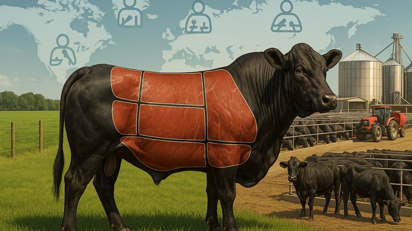 Boi de corte Nelore dividido em cortes de carne com fundo mostrando pastagem, confinamento e mapa-múndi para representar exportação global da carne bovina.