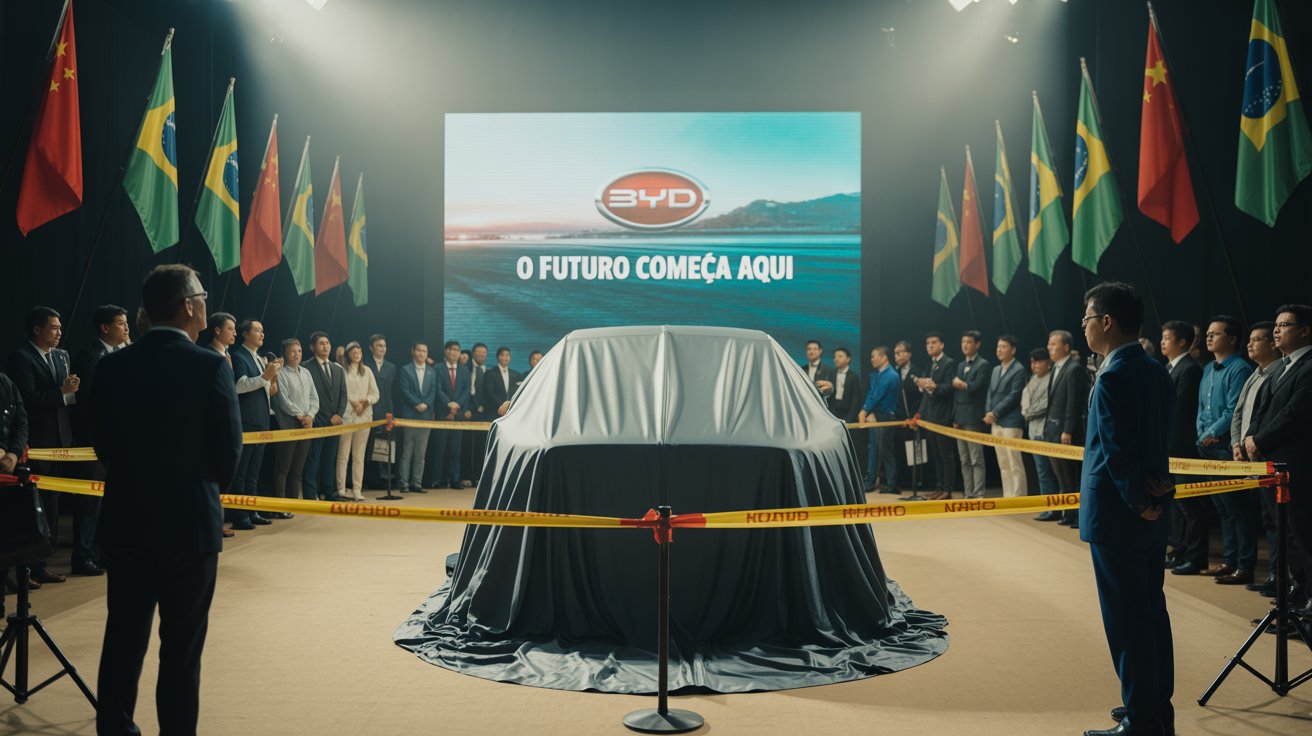 Vista da fábrica da BYD na Bahia com o modelo Dolphin Mini na entrada e galpões industriais ao fundo.