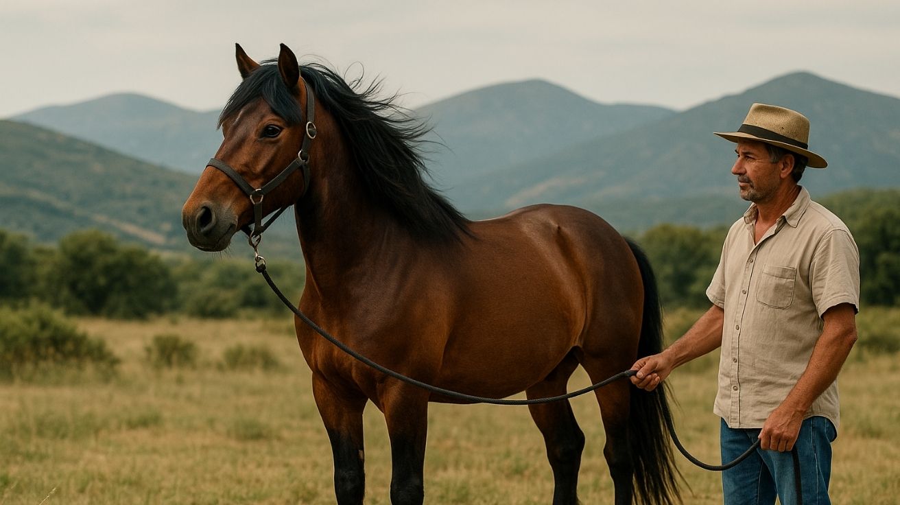 Cavalo garrano com aparência robusta ao lado de criador em área rural de campo e montanhas, representando raça equina portuguesa