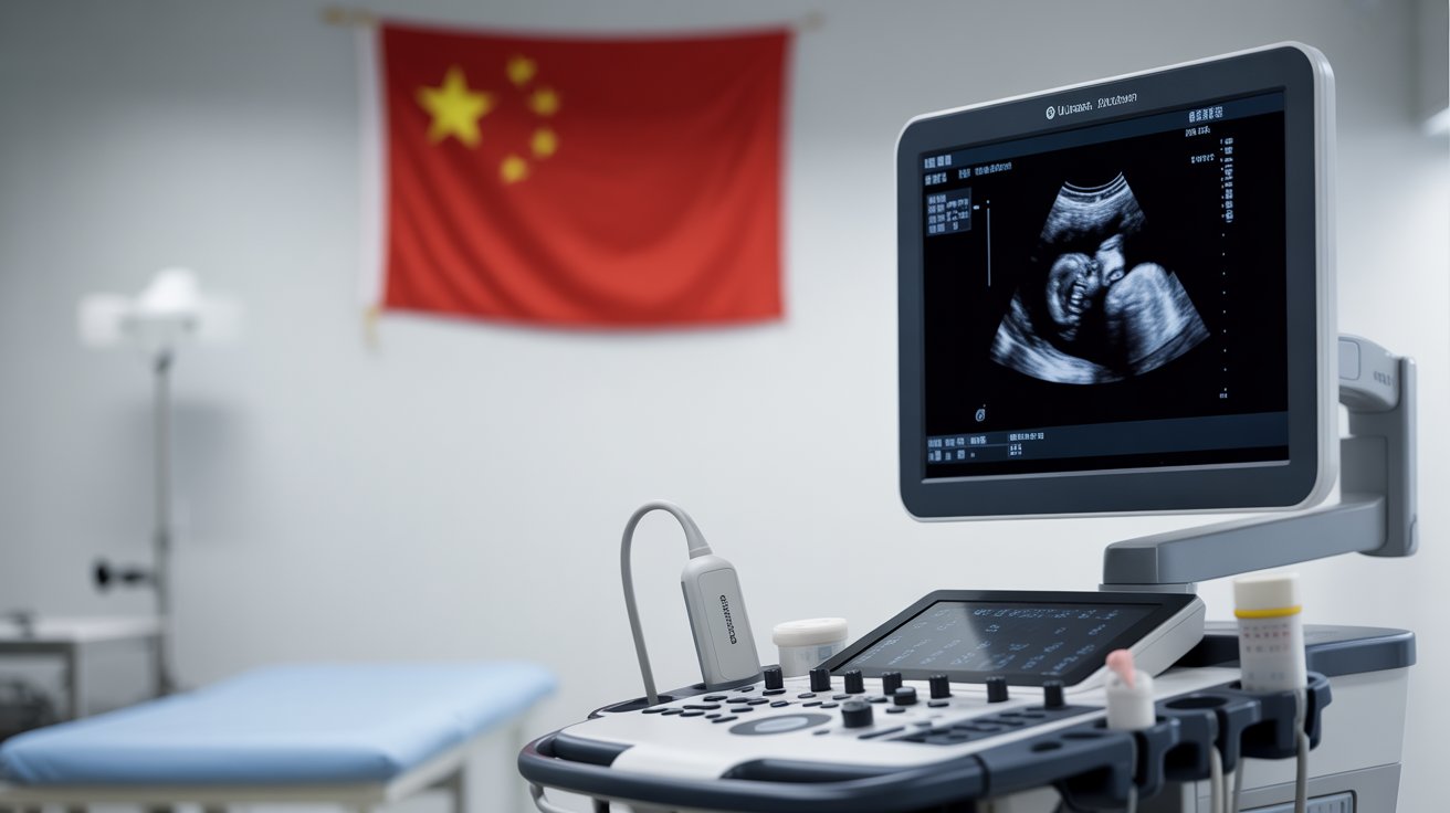 Clínica chinesa com pais e médicos durante exame de ultrassom, destacando proibição de revelar sexo do bebê.