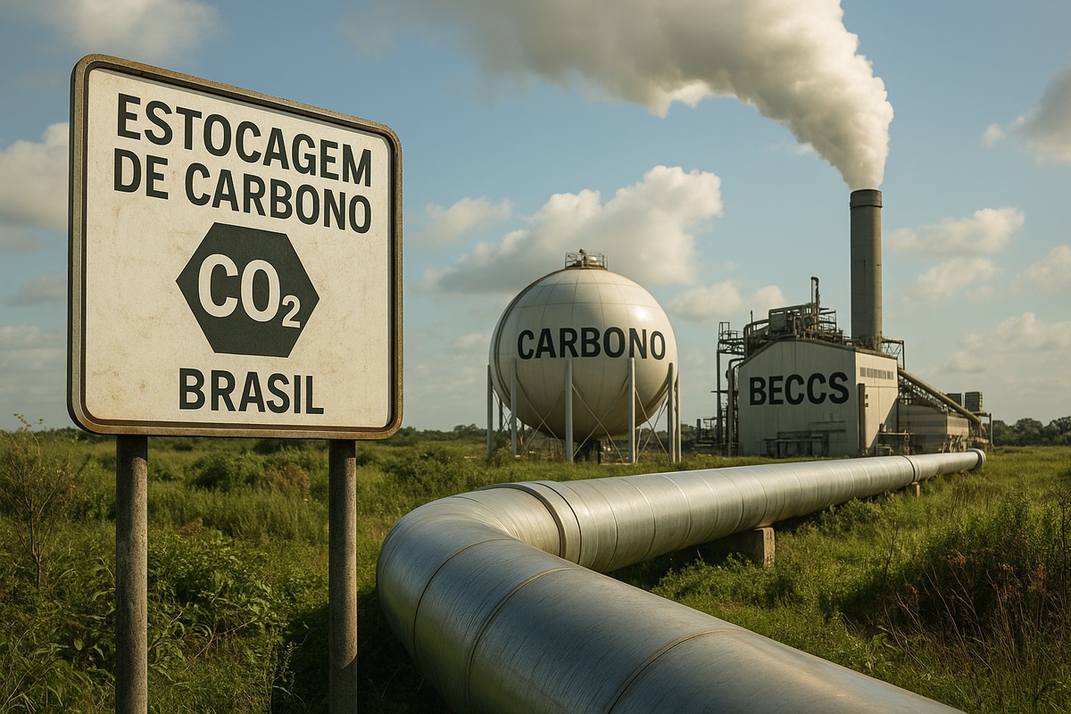 Instalação de estocagem de carbono no Brasil, com tanque esférico identificado como “carbono”, tubulação metálica, placa de sinalização e usina BECCS ao fundo sob céu azul.