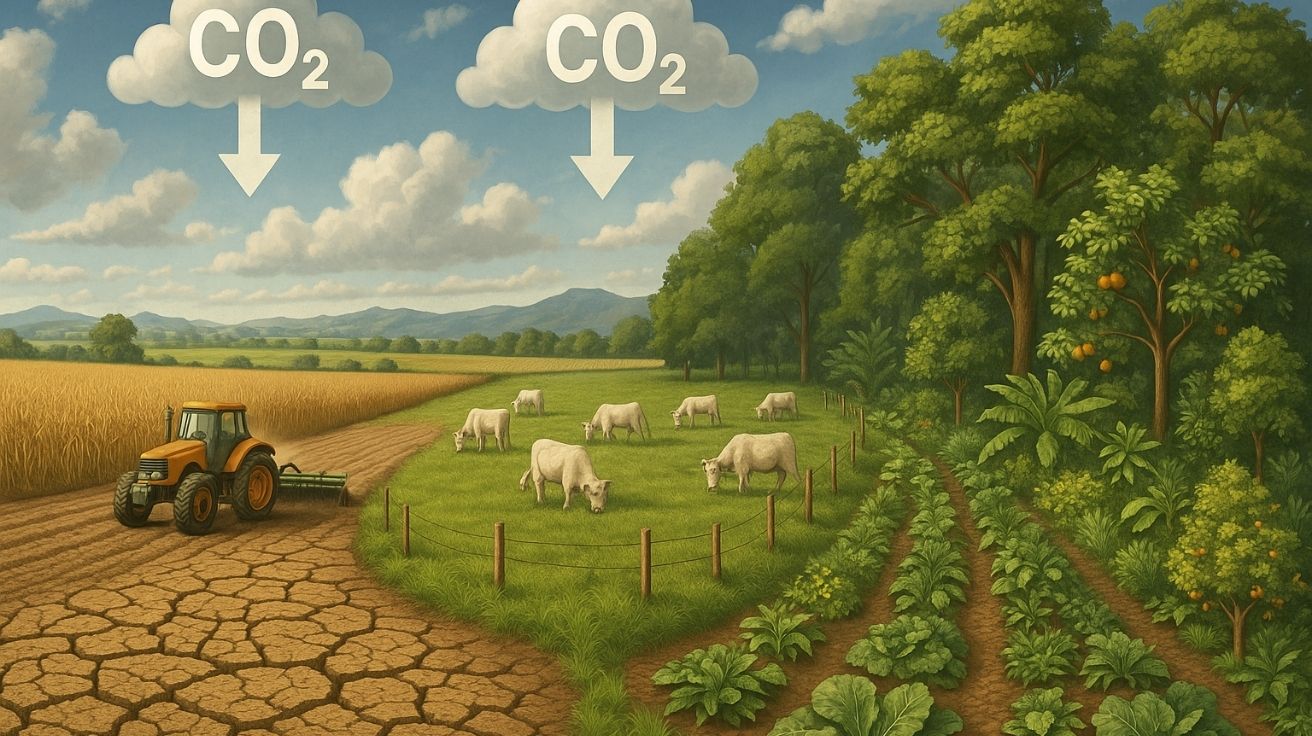 Imagem comparativa entre agricultura convencional com solo seco e trator arando, e agricultura regenerativa com pastagem rotativa e agrofloresta biodiversa, sob nuvens com símbolos de CO₂ sendo absorvido.