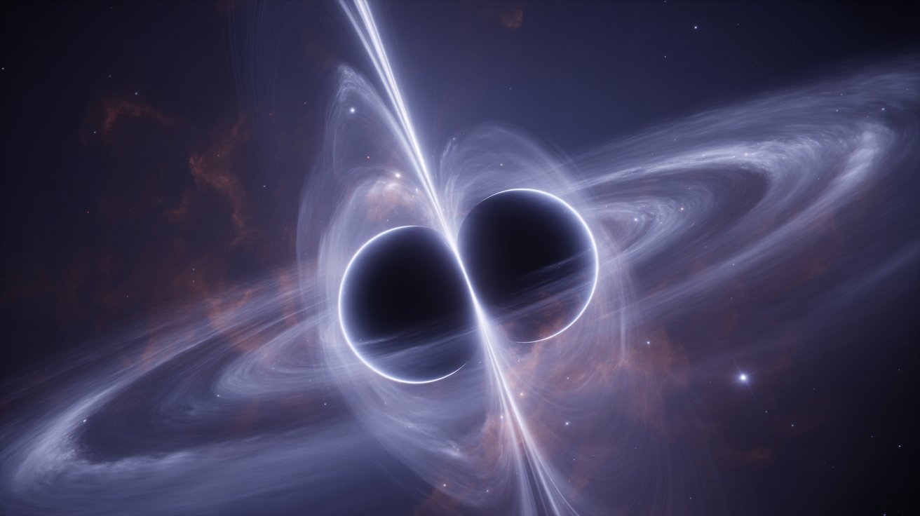 Representação da colisão de dois buracos negros emitindo ondas gravitacionais no espaço profundo