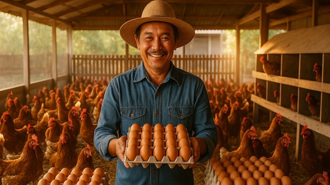 Produtor rural em galpão com 200 galinhas poedeiras segurando ovos frescos, representando lucratividade no agronegócio de pequeno porte