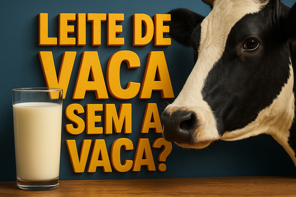 Close-up de um copo de leite ao lado de uma vaca com a frase em 3D “Leite de vaca sem a vaca?” em destaque.