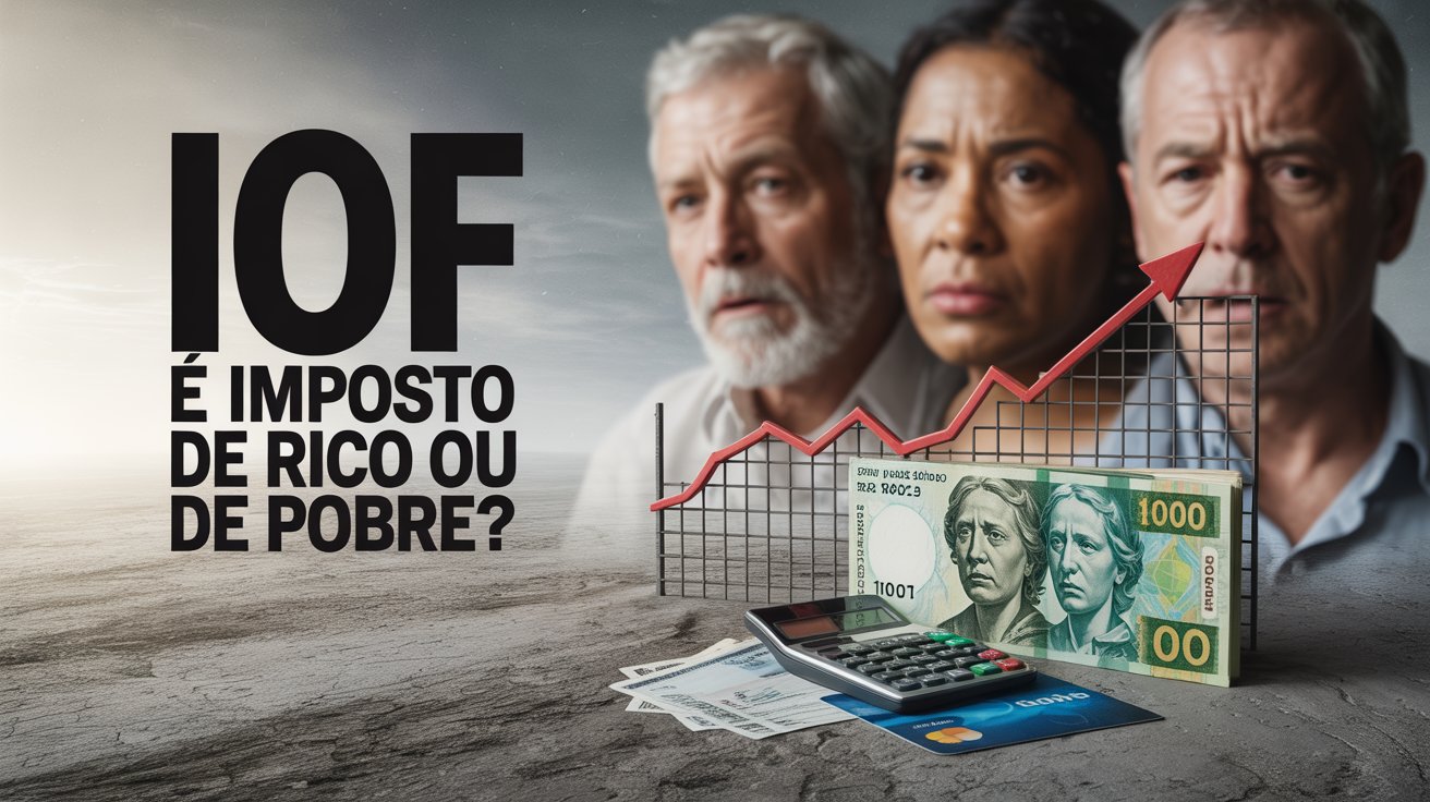 Arte dramática com fundo escuro mostra rostos preocupados, cédula de 100 reais, cartão, calculadora e gráfico sobre o impacto do IOF