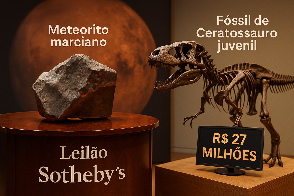 Meteorito marciano e fóssil de Ceratossauro juvenil expostos em leilão da Sotheby’s, com valores milionários em destaque.