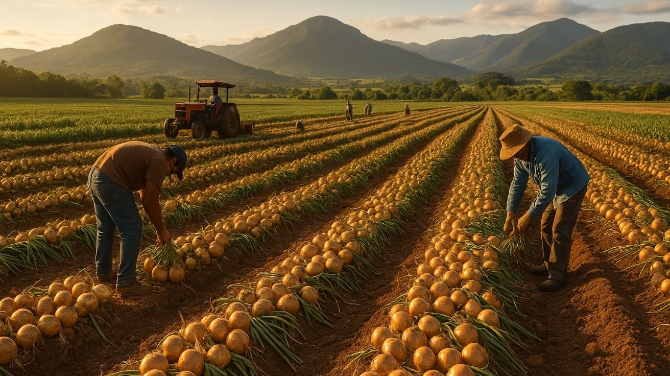 Colheita manual de cebolas em fazenda de Ituporanga, maior produtora do Brasil, com agricultores no campo e trator ao fundo em cenário montanhoso