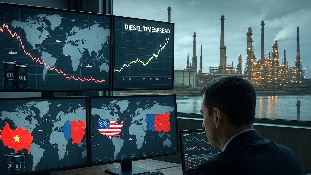 Trader analisa gráficos de petróleo e spreads em alta com refinarias e mapas globais ao fundo, refletindo a tensão no mercado de petróleo e gás