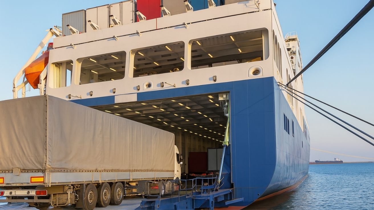 Caminhão entra em navio ro-ro por rampa traseira durante operação logística em porto marítimo ao entardecer